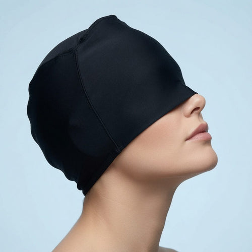 CryoCap 360° porté de profil — couverture front, tempes, yeux et nuque